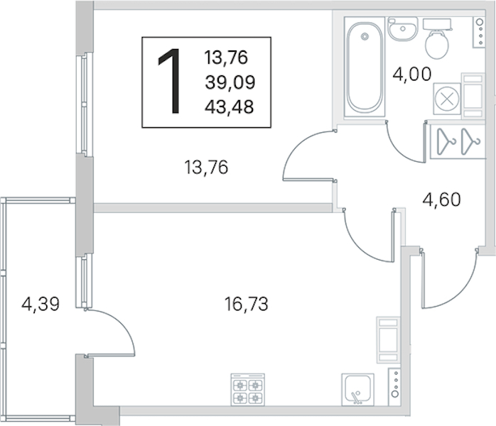 1-комнатная квартира 39.09 м², 3/4 эт., ЖК «Любоград в Стрельне»